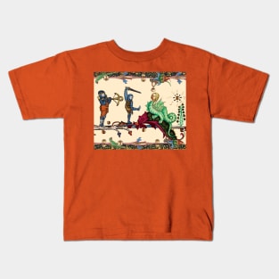 WEIRD MEDIEVAL BESTIARY  WAR, KNIGHTS COMBATTING AGAINST HYBRID DRAGON Kids T-Shirt